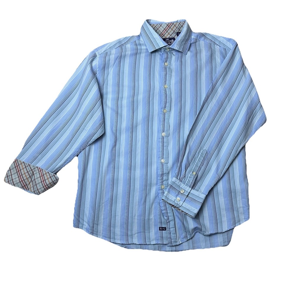 Robert Graham Mens XXL Blue Striped Button Down Shirt Long Sleeve Flip Cuff‎